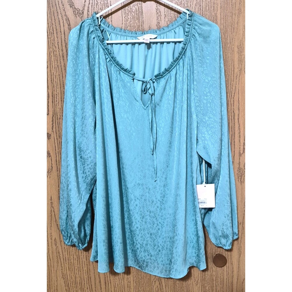 LC Lauren Conrad Women's Aqua Green Satin Leaf Pattern Long Sleeve Blouse Sz 2X